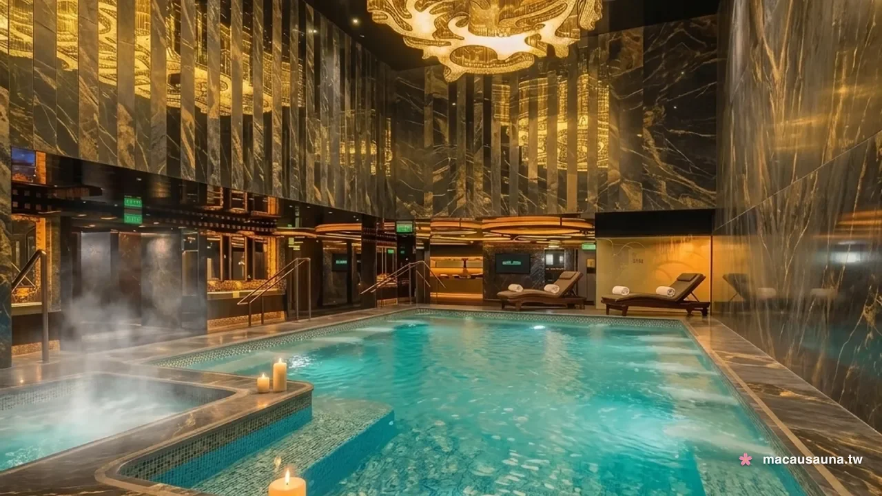 Gold marble bath pool under a sculpted chandelier inside a Macau sauna