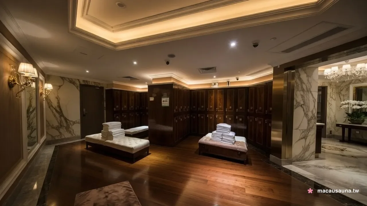 Locker room of a Macau sauna with wooden lockers, marble walls and folded towels