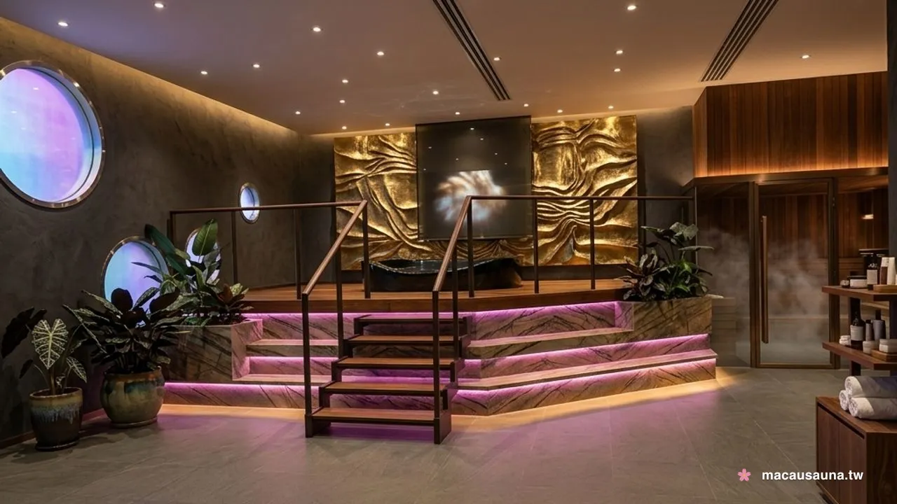 Illuminated stage platform with pink-lit steps and a gold relief wall inside a Macau sauna