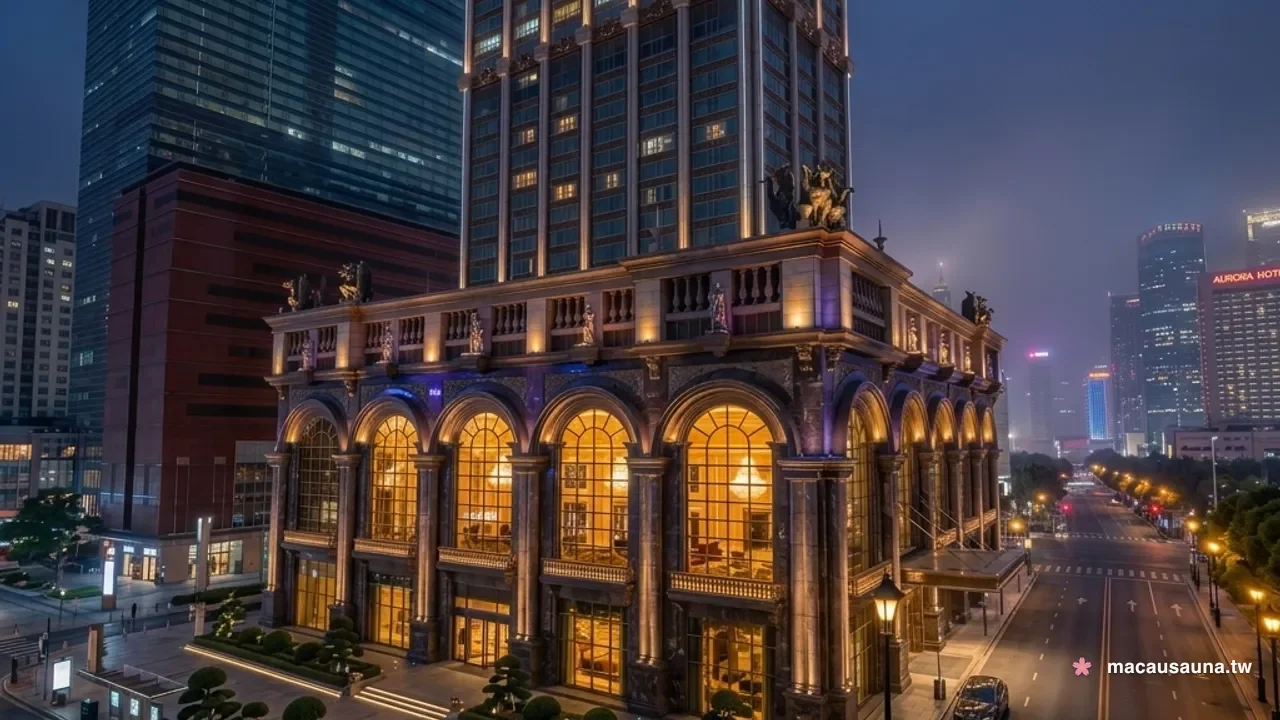 Illuminated hotel facade on a Macau street at night, seen from above