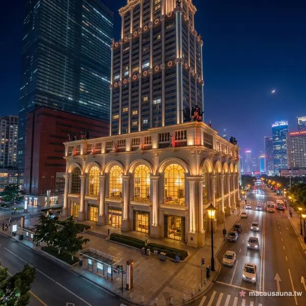 凱旋桑拿所在大樓夜景外觀，澳門桑拿水療地標