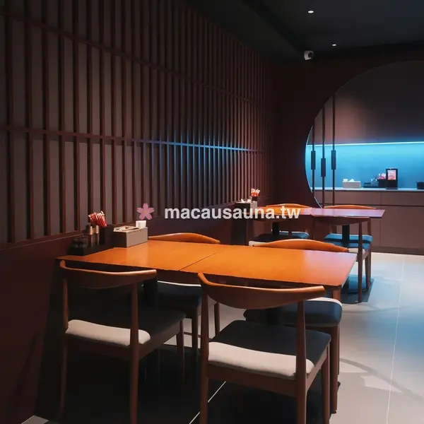 八湯御桑拿餐飲區 — 木格柵牆與原木餐桌